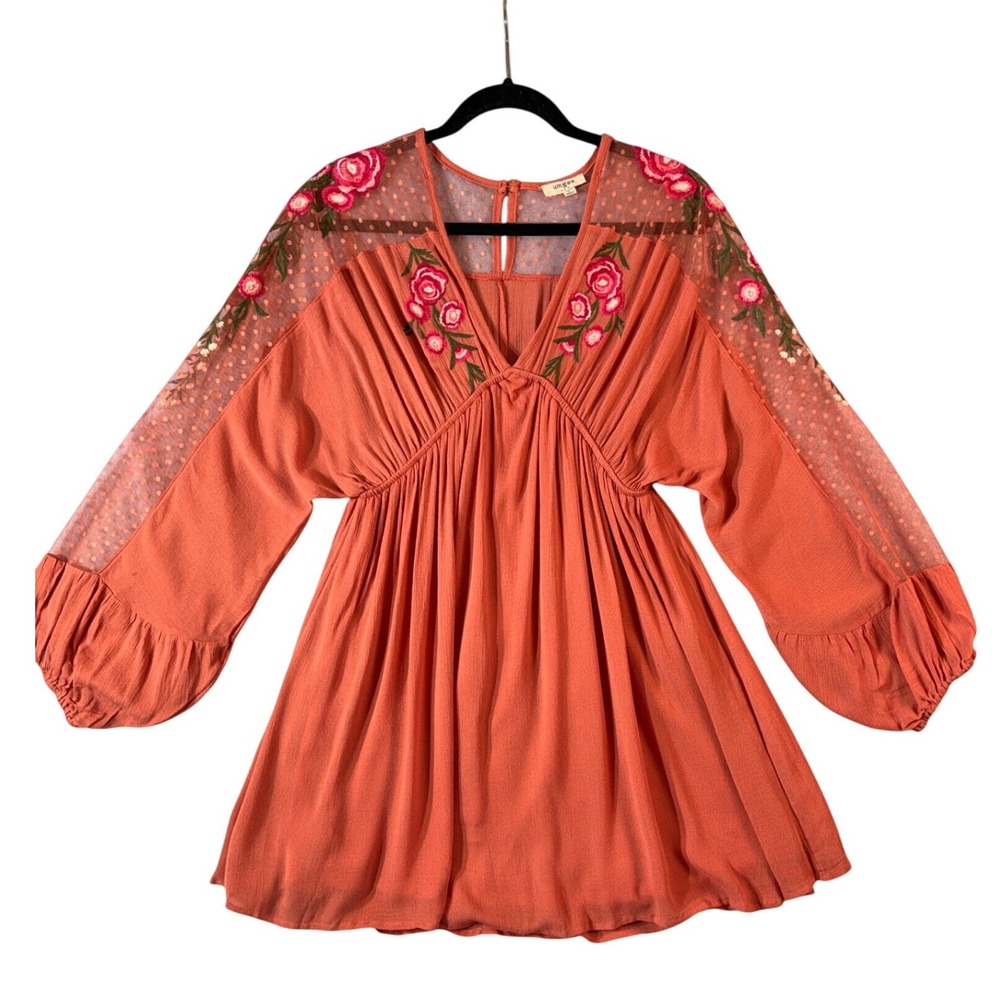 Umgee Coral Embroidered Mesh Sleeve Boho Babydoll Tunic Top Size Large - Picture 2 of 11